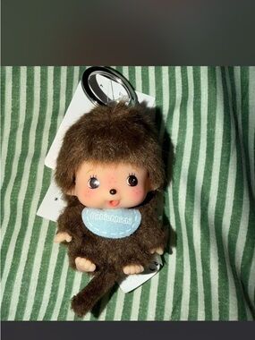 Monchhichi Brown Plush Keychain with Blue Bib